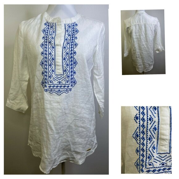 Ellen Tracy White Blue Print Linen Tunic Top Size XS Pullover Embroidered - Picture 1 of 8